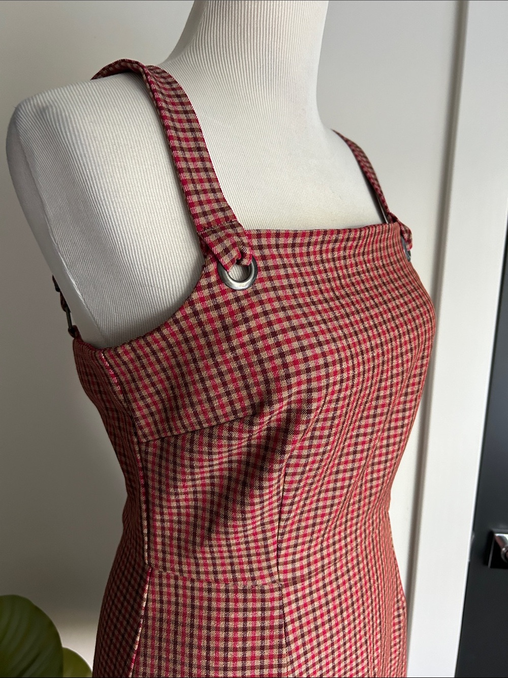 Juniors M Checked Square-Neck Mini Dress in plaid plum tan bright pink